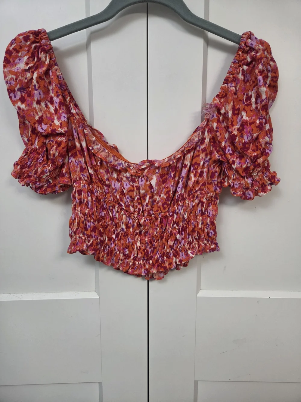H&M Pink and Orange Floral Midi Skirt Set with Puff Sleeve Crop Top
